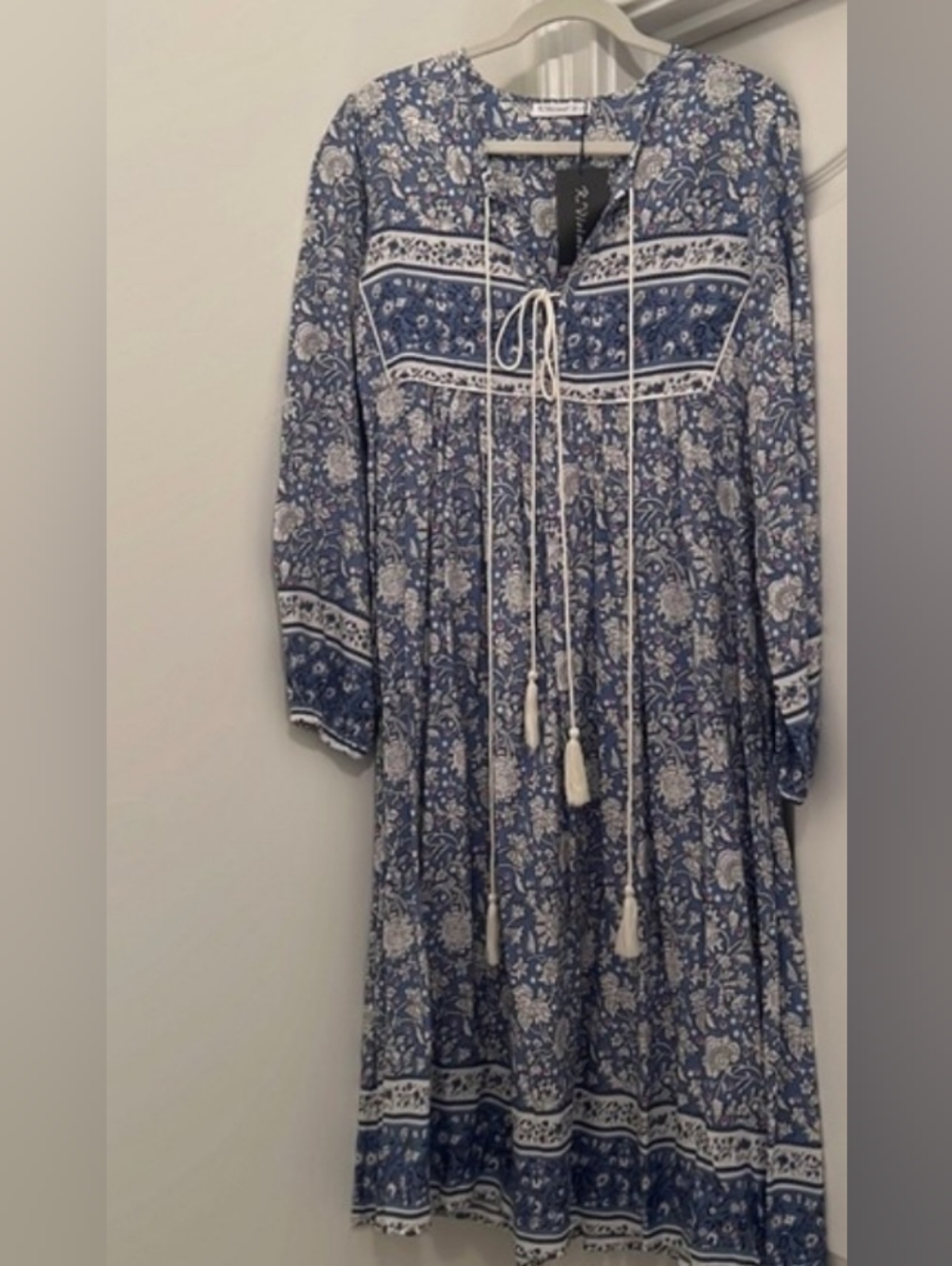 Blue Floral Midi Dress with Tassel Tie - Picture 2 of 15